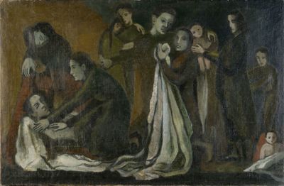 une image d'un tableau représentant un groupe de personnes dans une pièce
