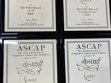 four awards are on display in a black frame on a table