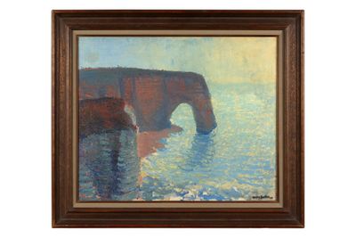 une peinture à l'huile représentant une falaise et un plan d'eau
