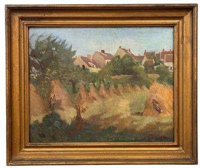 a painting of a farm scene with hay stacks and trees