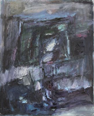une peinture à l'huile représentant une peinture en noir et blanc d'un bâtiment