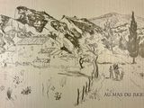 drawing of a man riding a horse down a dirt road