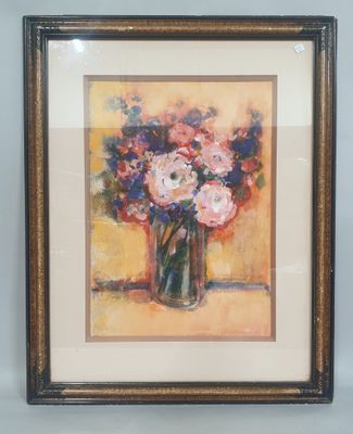 painting of flowers in a vase on a table in front of a blue wall