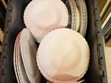 beaucoup d'assiettes dans un récipient en plastique posé par terre