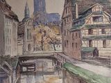 une aquarelle représentant un canal dans une ville
