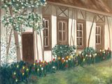 a painting of a house with tulips in front of it