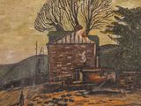 painting of a man standing on top of a building next to a tree