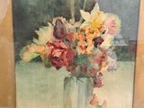 a painting of flowers in a vase on a table