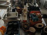 many pots and pans on the counter in the kitchen