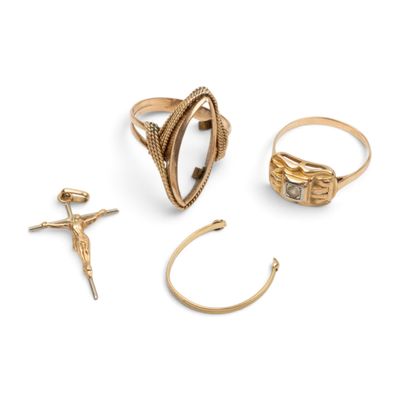 trois anneaux dorés et une croix sur fond blanc