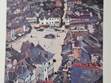 une photo d'un tableau représentant une ville avec un château en arrière-plan