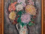 une peinture à l'huile représentant un vase de fleurs sur une table