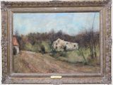 an oil painting of a white house in a field with a dirt road