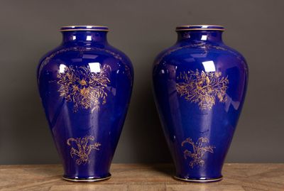 two blue vases with gold designs on them sitting on a table