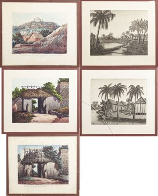 four framed pictures of a beach scene with palm trees and a hut