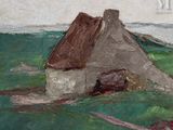a painting of a house in the middle of a field