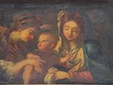 an old painting of a woman holding a child and a man holding a baby