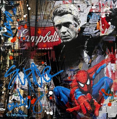 spider - man collaged on a wall in a city with graffiti