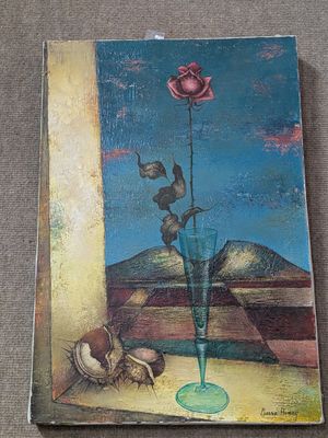 a painting of a rose in a vase on a table