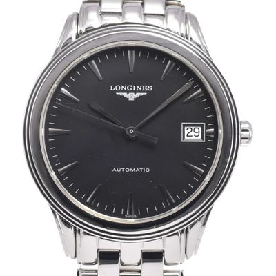 a close up of a longines automatic watch on a white background