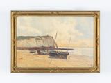 une peinture d'un bateau sur la plage au bord de l'eau