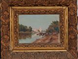 a painting of a landscape with a river and buildings in the background