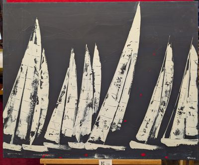 une peinture représentant un groupe de voiliers peints sur une toile