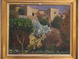 an image of a painting of a house and trees in a garden