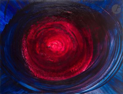 peinture abstraite représentant un tourbillon rouge et bleu dans un bol en verre