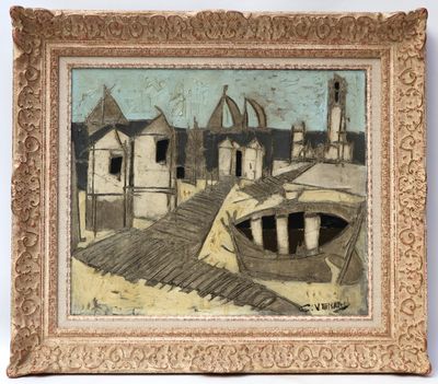 an image of a picture of a painting of a boat on the water