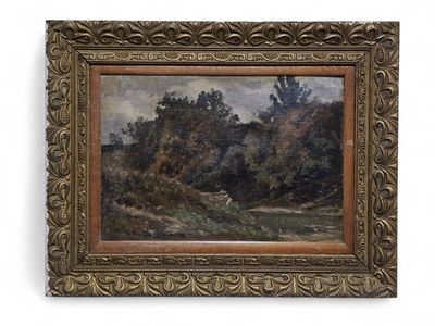 an oil painting of a wooded landscape with trees in the foreground