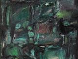 an oil painting of a green and black painting on a wooden surface