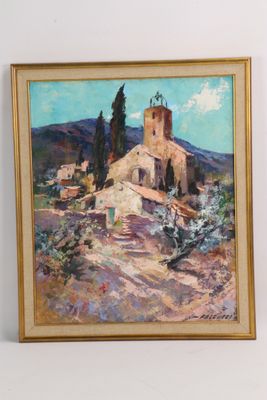 an oil painting of a church in a rural setting