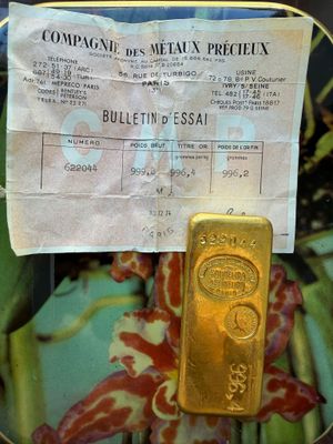un lingot d'or dans une boîte en fer-blanc, avec une étiquette indiquant son prix