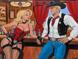 painting of a man and a woman in cowboy attire standing in front of a bar