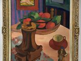 an oil painting of a bowl of fruit on a table next to a figurine