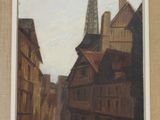 tableau représentant une scène de rue avec des bâtiments et une tour en arrière-plan