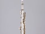 an old silver flute sitting on top of a clear table