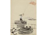 drawing of a man flying a kite on a boat in the water