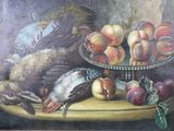 a painting of a bird and a bowl of fruit on a table