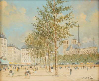 tableau représentant une scène de rue avec des passants et une église en arrière-plan