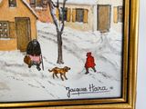 un tableau représentant une femme et deux chiens se promenant dans la neige
