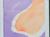 an orange and purple painting of a pear on a purple and white background