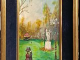 painting of a couple in a park with a dog and a bench