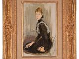 a painting of a woman in a black dress sitting on a chair
