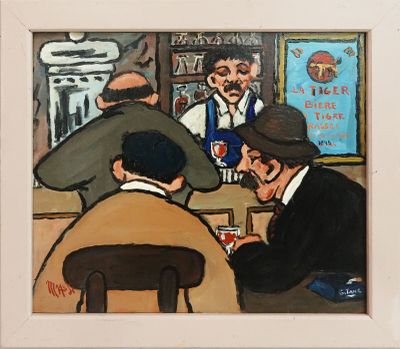 un tableau représentant un groupe d'hommes assis à un bar
