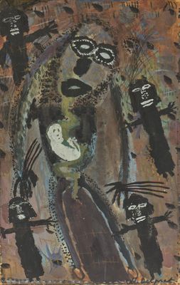 an image of a painting of a woman with cats on it