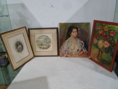 three framed pictures of a woman and a vase of flowers