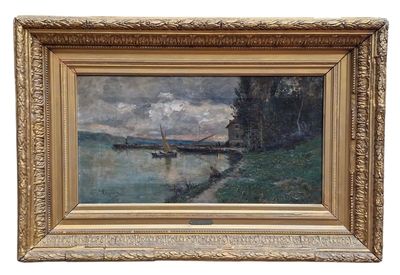 peinture à l'huile d'une scène de rivière avec des bateaux sur l'eau