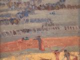 tableau représentant une scène de corrida avec un taureau au premier plan, un taureau au premier plan et un taureau au premier plan